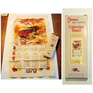 VTG 1978 NOS Autumn Covered Bridge Linen Calendar Tea Towel NIP w/ Dowel & Cord